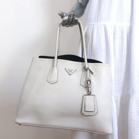 Prada Handbags - Prada Double Bag Cream Leather Large Tote